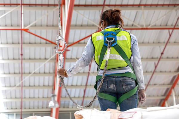 mujer con arnés de sistema de protección personal anticaídas (PFAS) que sujeta un cordel en un sitio de trabajo