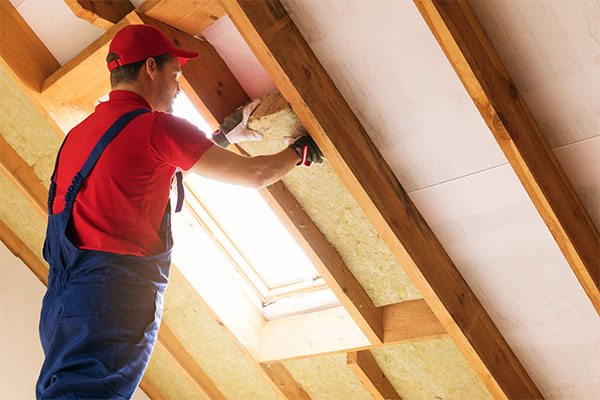 Contractor installing insulation in an attic.